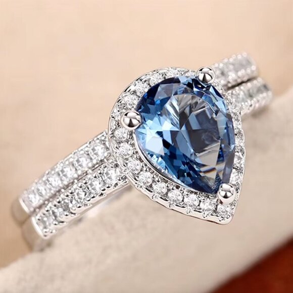 18k White Gold Sapphire Blue Diamond Pear Cut Ring Teardrop Ring - Picture 2 of 6